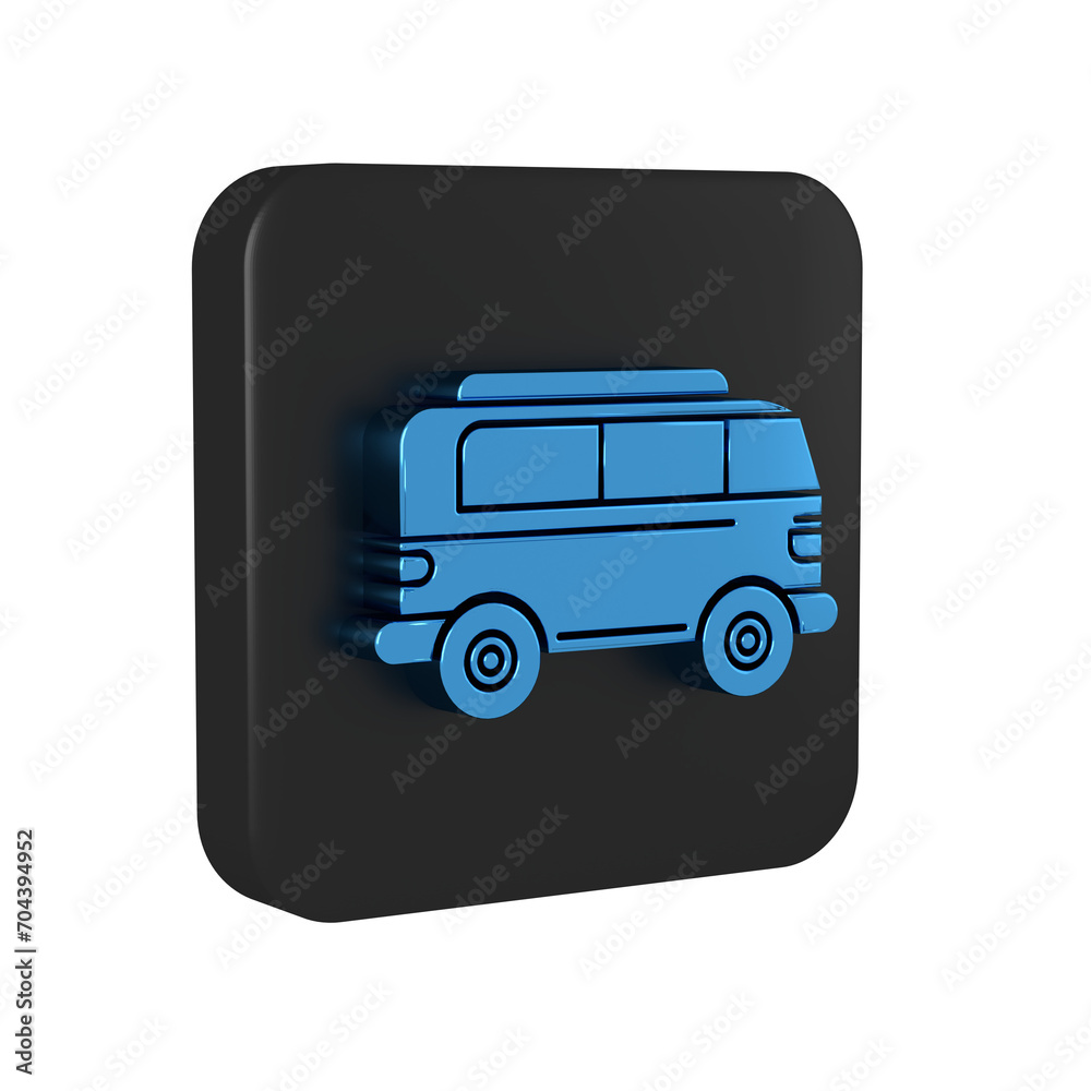 Blue Retro minivan icon isolated on transparent background. Old retro classic traveling van. Black square button. Blue Retro minivan icon isolated on transparent background. Old retro classic traveling van. Black square button.