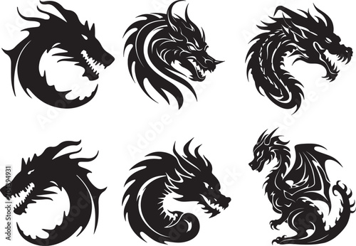 Photo Black and white vector dragons icon set, dragon silhouettes, epic dragon logo