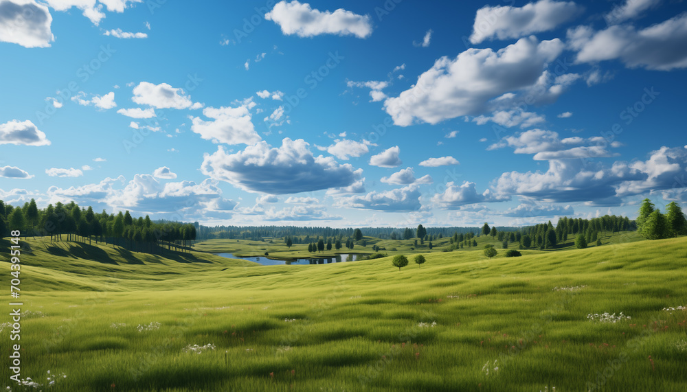 landscape green meadow with hills and blue sky with clouds landscape green meadow with hills and blue sky with clouds