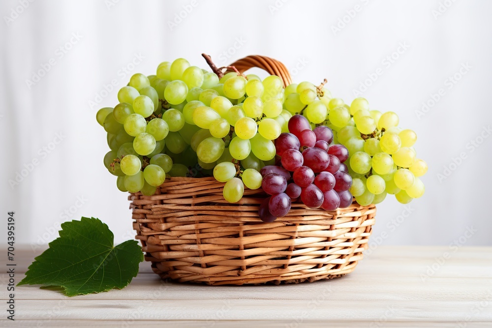 Ripe red and green grapes in basket on wooden table Ripe red and green grapes in basket on wooden table