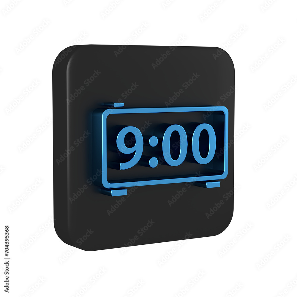 Blue Digital alarm clock icon isolated on transparent background. Electronic watch alarm clock. Time icon. Black square button. Blue Digital alarm clock icon isolated on transparent background. Electronic watch alarm clock. Time icon. Black square button.