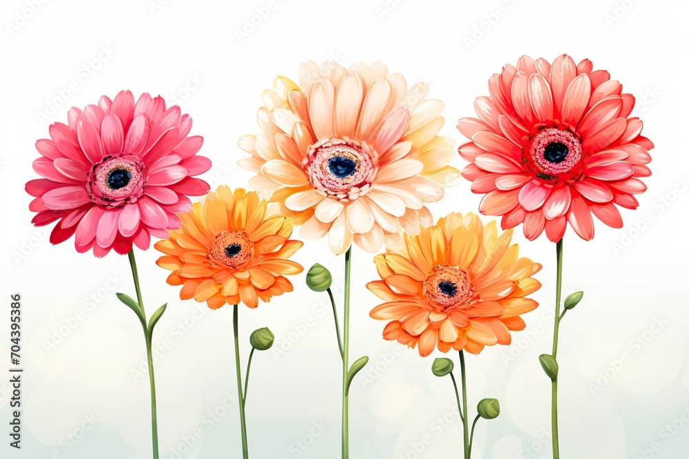 Illustration of colorful gerbera flowers on white background