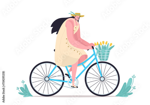 Cute smiling girl wearing a dress riding bicycle with yellow flower bouquet in front basket. Funny happy young woman on bike colorful vector illustration