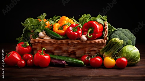 colorful and organic vegetables in basket. juicy red tomatoes bell peppers green. Healthy. vegetarian