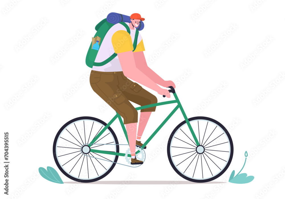 Fototapeta premium Funny smiling man with backpack ride on bicycle. Vector illustration of tourist on bike