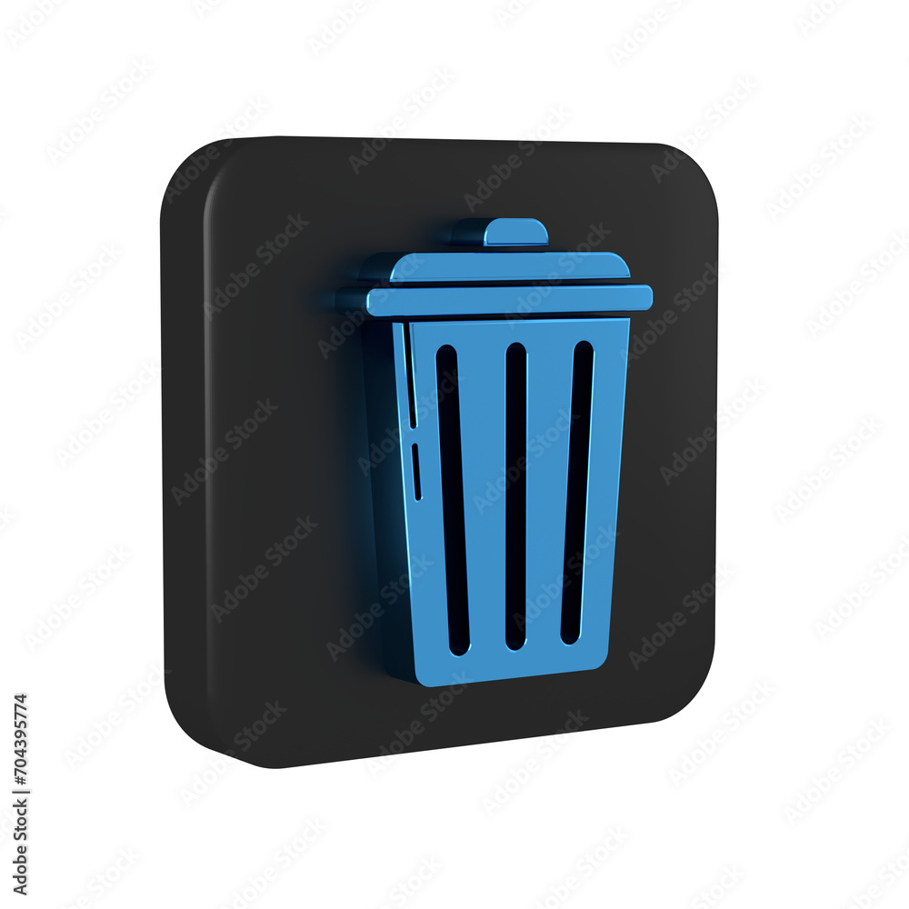 Blue Trash can icon isolated on transparent background. Garbage bin sign. Recycle basket icon. Office trash icon. Black square button. Blue Trash can icon isolated on transparent background. Garbage bin sign. Recycle basket icon. Office trash icon. Black square button.