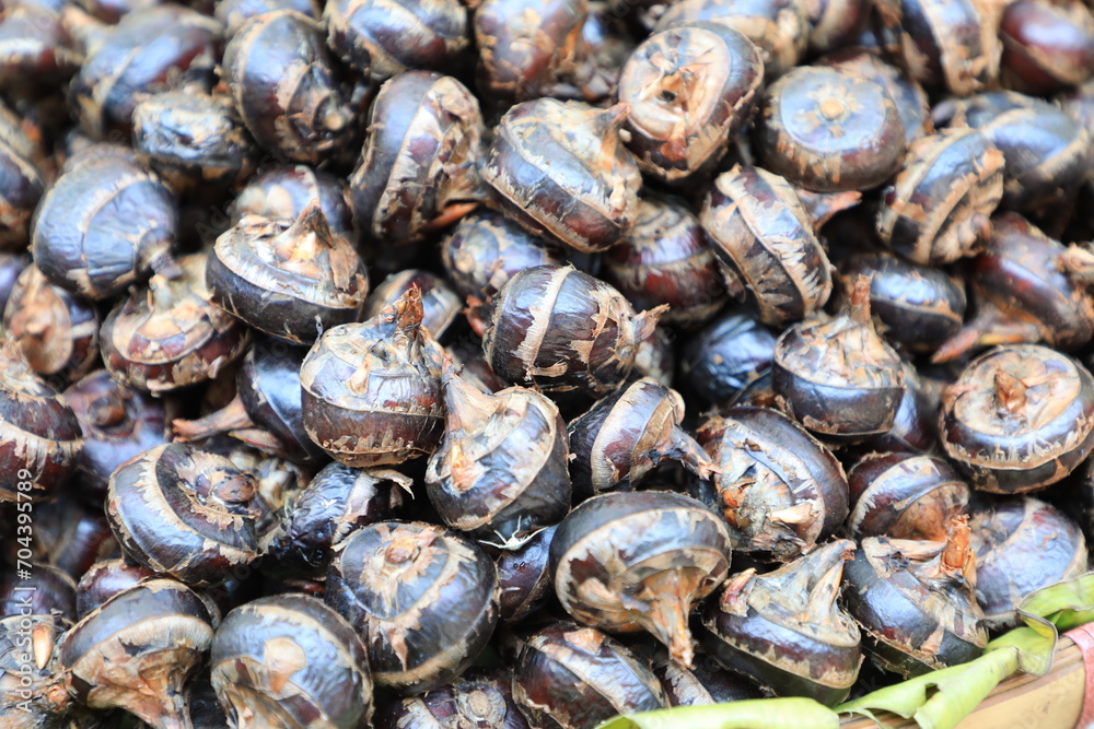Pile of waternut or chinese water chestnut in for sale in the market in the north of thailand Pile of waternut or chinese water chestnut in for sale in the market in the north of thailand