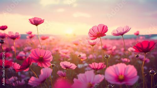 landscape nature background of beautiful pink and red flowers in sunset © Aura