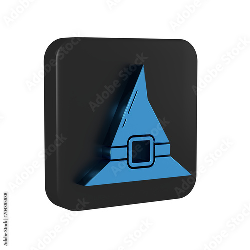 Blue Witch hat icon isolated on transparent background. Happy Halloween party. Black square button. photo