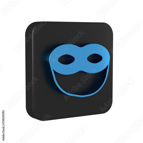 Blue Festive mask icon isolated on transparent background. Black square button.