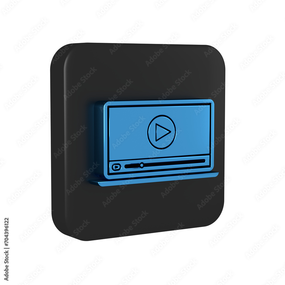 Blue Online play video icon isolated on transparent background. Laptop and film strip with play sign. Black square button. Blue Online play video icon isolated on transparent background. Laptop and film strip with play sign. Black square button.