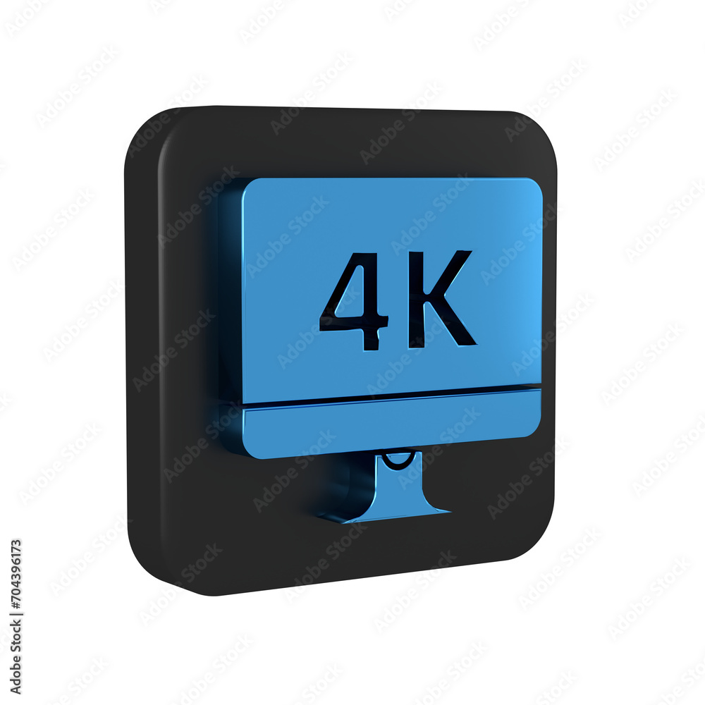 Blue Computer PC monitor display with 4k video technology icon isolated on transparent background. Black square button. Blue Computer PC monitor display with 4k video technology icon isolated on transparent background. Black square button.