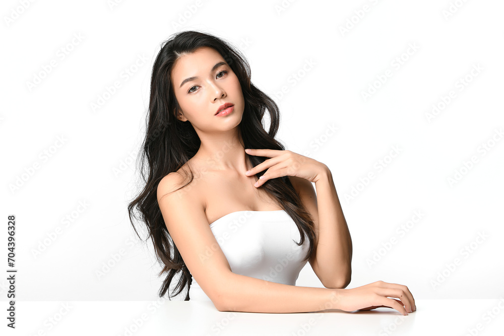 Beautiful young asian woman with clean fresh skin on white background, Face care, Facial treatment, Cosmetology, beauty and spa, Asian women portrait.