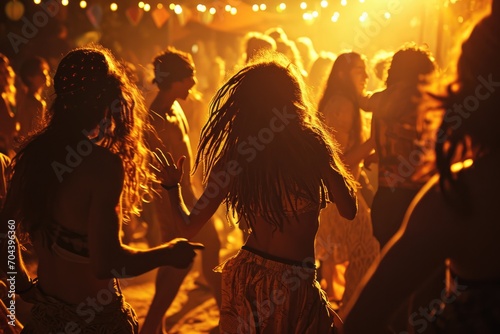 Wide-angle shot capturing the lively dance floor at a dusk-time rave, featuring people with rasta hair and hippie outfits