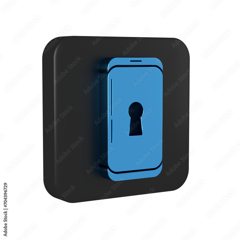 Blue Smartphone with lock icon isolated on transparent background. Phone with lock. Mobile security, safety, protection concept. Black square button. Blue Smartphone with lock icon isolated on transparent background. Phone with lock. Mobile security, safety, protection concept. Black square button.