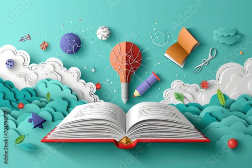 Back to school papercut vector. School supplies flying out of open book over science background layered craft art style