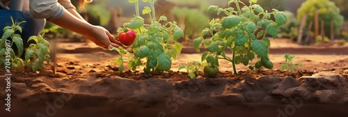 Gardener works in her garden with tomato bushes photo