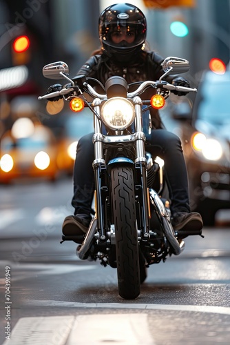 With style and speed, female motorcyclist navigates urban traffic, leaving a trail of excitement in their wake. Vertical picture.