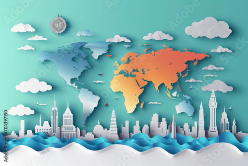 World travel landmarks with world map background, world landmark architectural monuments, tourism with paper cut