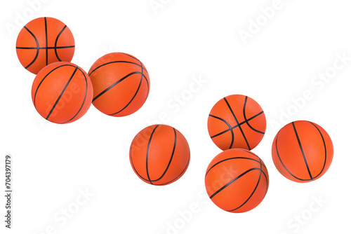 Many basketball balls flying on white background