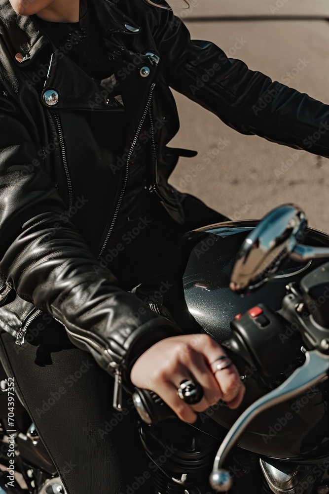 Fototapeta premium Cropped vertical photo of a female motorcyclist on a powerful bike. The spirit of freedom and the headwind.