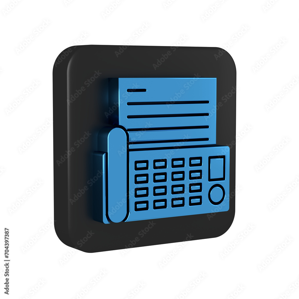 Blue Fax machine icon isolated on transparent background. Office Telephone. Black square button. Blue Fax machine icon isolated on transparent background. Office Telephone. Black square button.