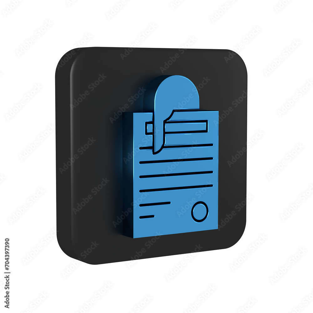 Blue File document and paper clip icon isolated on transparent background. Checklist icon. Business concept. Black square button. Blue File document and paper clip icon isolated on transparent background. Checklist icon. Business concept. Black square button.