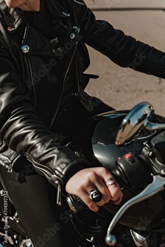 Cropped vertical photo of a female motorcyclist on a powerful bike. The spirit of freedom and the headwind. © Stavros