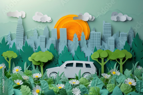 concept of eco car with nature in the city.paper art and craft style photo