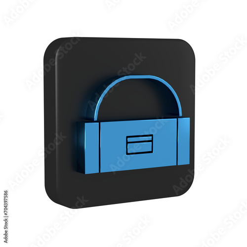 Blue Case or box container for wobbler and gear fishing equipment icon isolated on transparent background. Fishing tackle. Black square button.