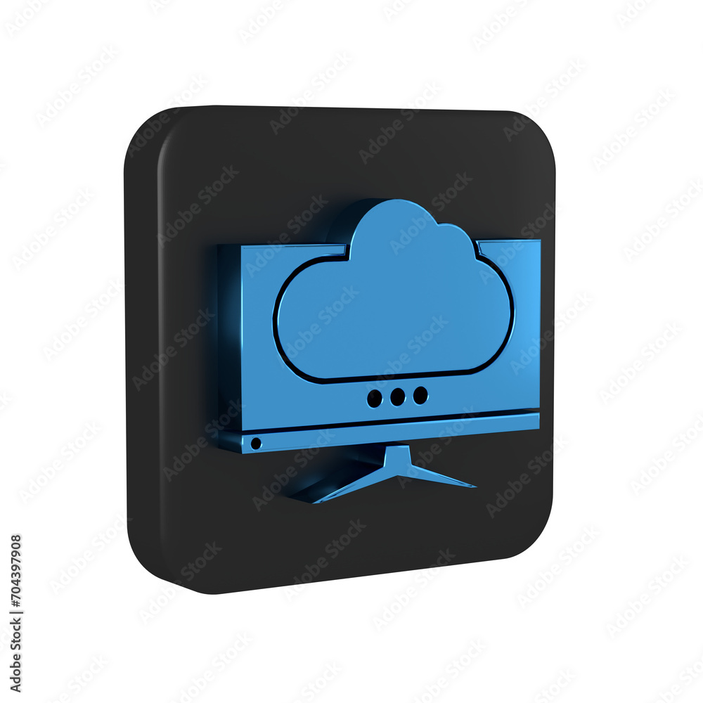 Blue Computer monitor screen icon isolated on transparent background. Electronic device. Front view. Black square button. Blue Computer monitor screen icon isolated on transparent background. Electronic device. Front view. Black square button.