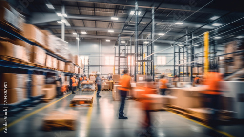 Dynamic motion blur captures the fast-paced activity inside a bustling warehouse with workers and goods in transit. photo