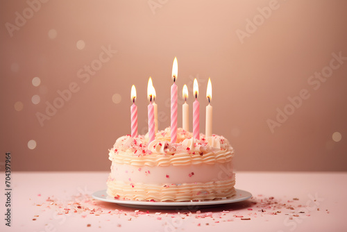 Birthday cake with burning candles in front of cream colored background