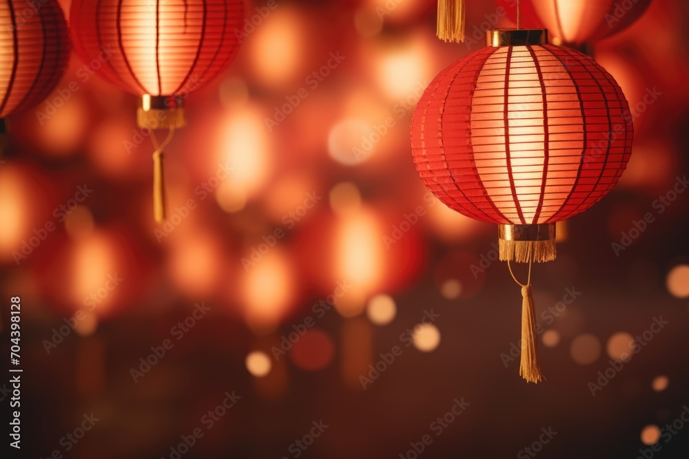 Obraz premium Chinese red traditional hanging paper glowing lanterns on a dark background. Happy Chinese New Year decoration holiday banner