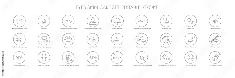 Eye skin care area icon pack set for patch, cream, mask cosmetic and beauty product, ophthalmology clinic, web, packaging. Vector stock illustration isolated on white background. Editable stroke. Eye skin care area icon pack set for patch, cream, mask cosmetic and beauty product, ophthalmology clinic, web, packaging. Vector stock illustration isolated on white background. Editable stroke.