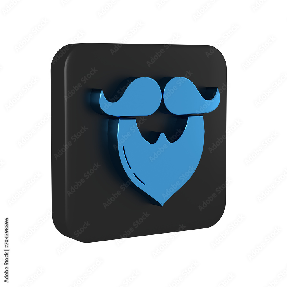 Blue Mustache and beard icon isolated on transparent background. Barbershop symbol. Facial hair style. Black square button. Blue Mustache and beard icon isolated on transparent background. Barbershop symbol. Facial hair style. Black square button.