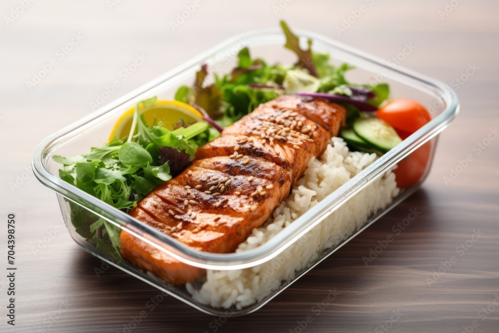 Lunch box container with grilled salmon fish fillet, rice, tomato and salad on wooden table Lunch box container with grilled salmon fish fillet, rice, tomato and salad on wooden table