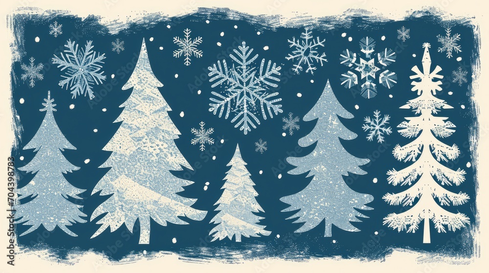 Set of decorative fir trees and snowflakes