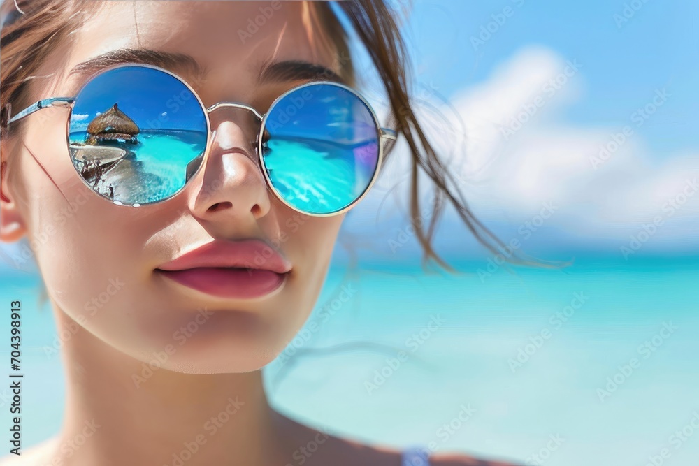 Young woman in mirrored sunglasses reflecting transparent ocean, blue sky, palm trees of tropical island. Concept of summer vacation, tourism, travel. Young woman in mirrored sunglasses reflecting transparent ocean, blue sky, palm trees of tropical island. Concept of summer vacation, tourism, travel.