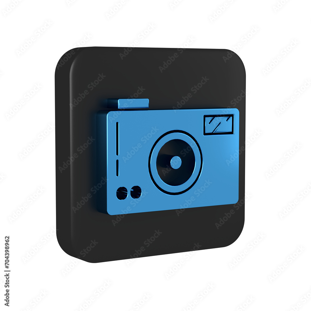 Blue Photo camera icon isolated on transparent background. Foto camera icon. Black square button.