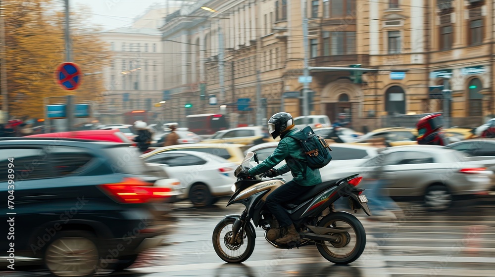 Effortlessly navigating the urban jungle, the motorcyclist embodies a passion for adventure and freedom of movement.