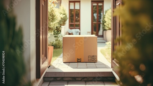 Home delivery. delivering brown cardboard box to front door. shopping online photo