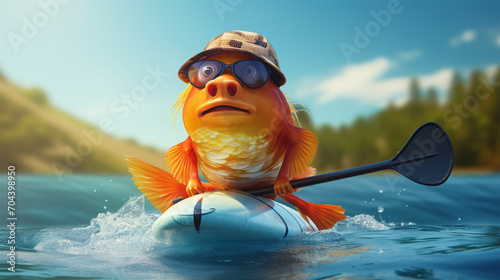 View of a Funny Riding Fish on a Surfboard in Nature's Beautiful River © Baby