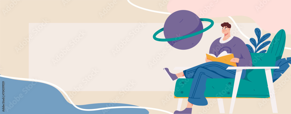 Obraz premium Character reading quietly vector concept operation hand drawn illustration