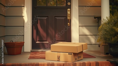 Home delivery. delivering brown cardboard box to front door. shopping online