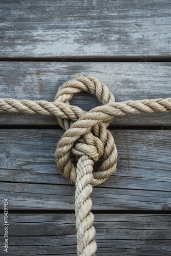 A knot of nautical rope on the wooden deck of a ship. An old mooring rope is tangled into a secure knot. © photolas