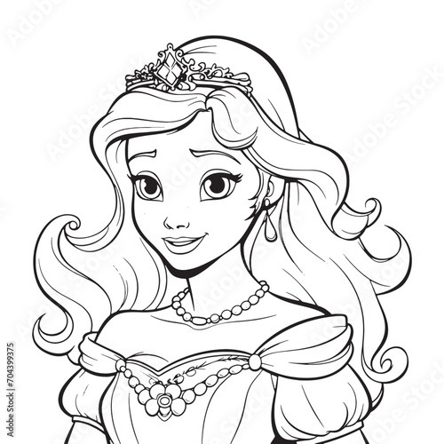 Cartoon princess coloring page in silhouette. Vector illustration.