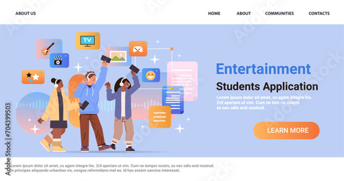 mix race students in headphones listen music party event entertainment and disco friends enjoy favorite songs students application