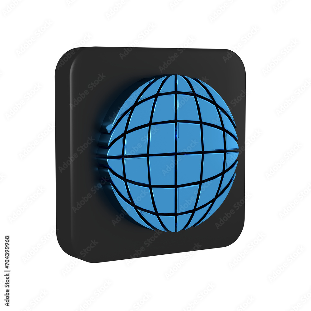 Blue Earth globe icon isolated on transparent background. World or Earth sign. Global internet symbol. Geometric shapes. Black square button. Blue Earth globe icon isolated on transparent background. World or Earth sign. Global internet symbol. Geometric shapes. Black square button.