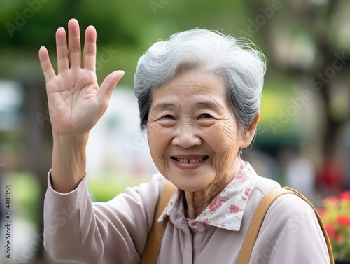 Asian old woman man waves his hand to say hello and greets